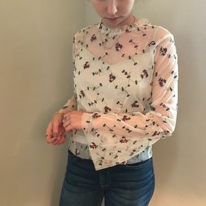 Sheer Mesh Floral Bell Sleeve Blouse Ro&De